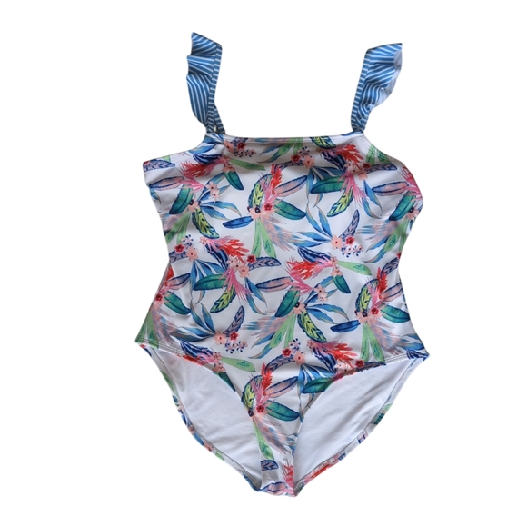 Oasis Ruffle Tropical Floral One Piece Swimsuit XXL Blue White - Picture 13 of 16